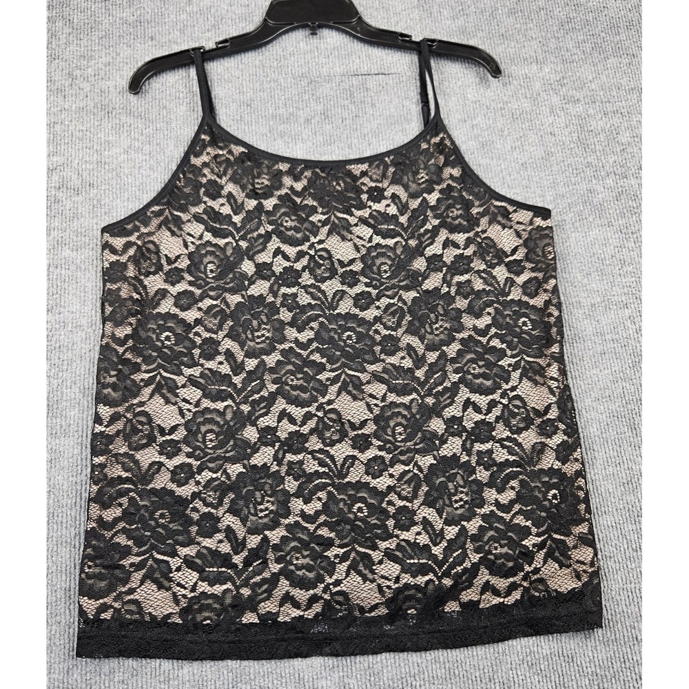 Maurices Womens 1X Black Floral Lace Camisole Tank Top Tan Lining Dark Romantic